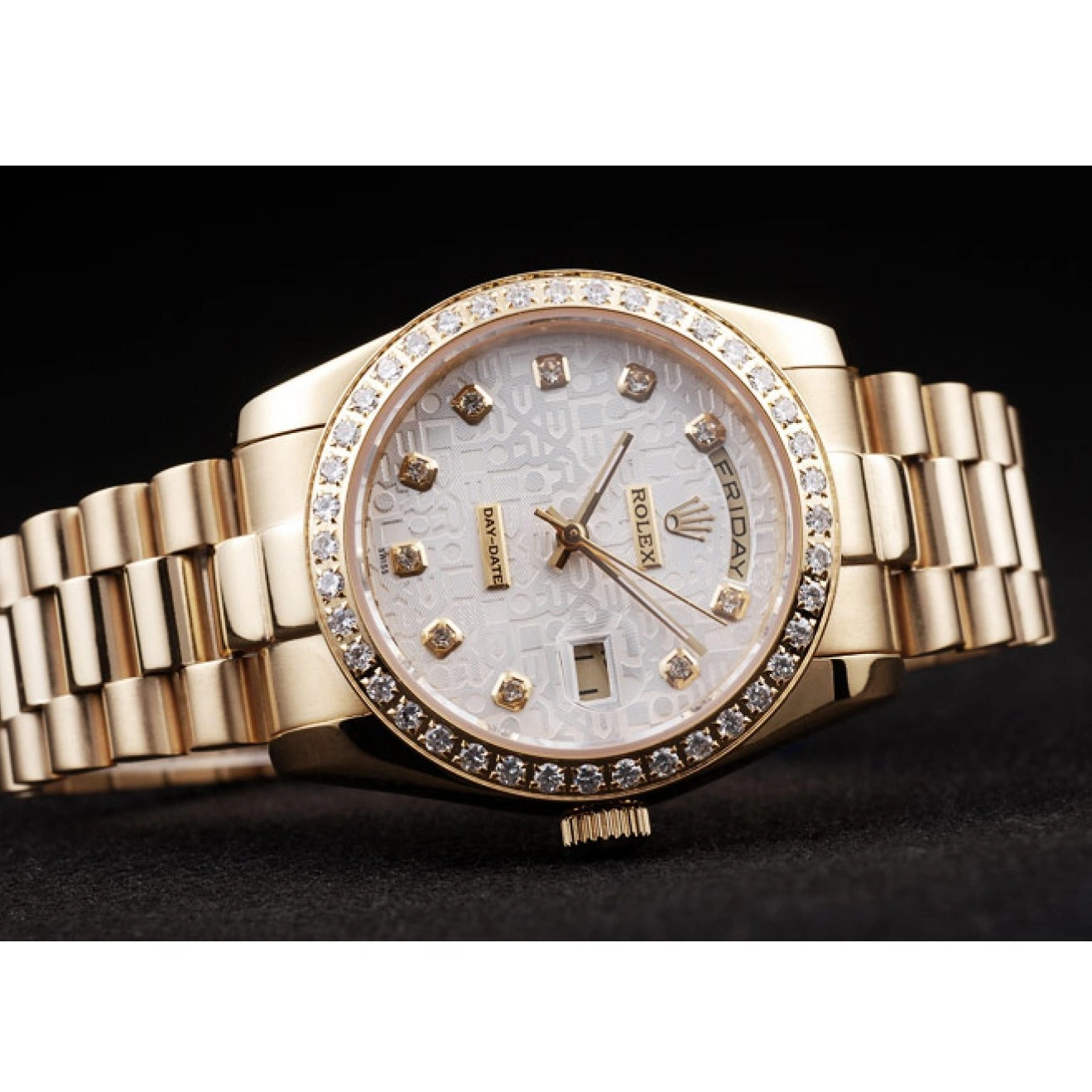 Aaa replica watch Day-Date Dial Gold White Plated Yellow Stainless 18k Rolex Steel 0709